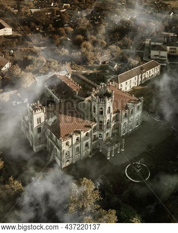 Aerial View Of Ruined Castle In Neo-gothic Style, Ukraine