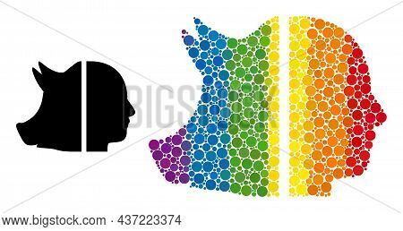 Dual Pig Man Collage Icon Of Round Dots In Different Sizes And Spectrum Color Tones. A Dotted Lgbt-c