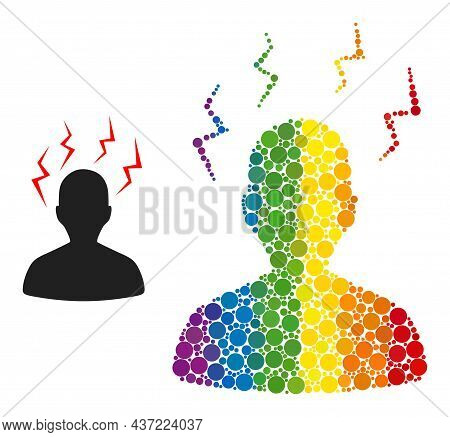 Head Migrain Strikes Collage Icon Of Round Items In Various Sizes And Spectrum Colored Color Tints. 