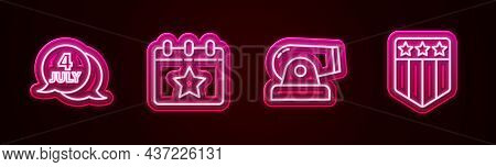 Set Line Usa Independence Day, Calendar With Date July 4, Cannon And Shield Stars. Glowing Neon Icon