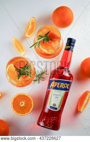 Italian Tincture Aperol For Making Cocktail Aperol Spitz. Red-orange Wine In A Bottle. Alcoholic Dri