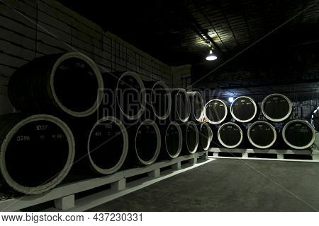 Inkerman.crimea.may 31, 2021.oak Barrels With Wine In The Cellars Of The Inkerman Winery In The Crim
