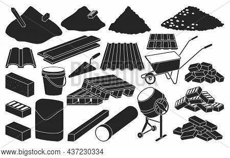 Construction Material Isolated Black Set Icon. Black Vector Set Icon Building Tools. Vector Illustra