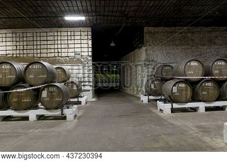 Inkerman.crimea.may 31, 2021.oak Barrels With Wine In The Cellars Of The Inkerman Winery In The Crim