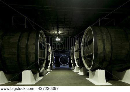 Inkerman.crimea.may 31, 2021.oak Barrels With Wine In The Cellars Of The Inkerman Winery In The Crim