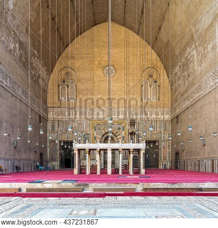 Cairo, Egypt- September 25 2021: Monumental Main Iwan Of Mamluk Era Historical Public Mosque And Mad