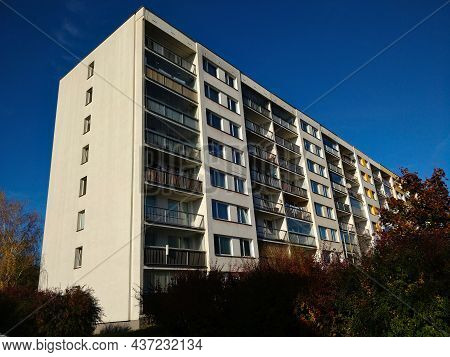 Prague, Czech Republic - October 24, 2021: White Tall Block Of Flats With Balconies On Each Floor An