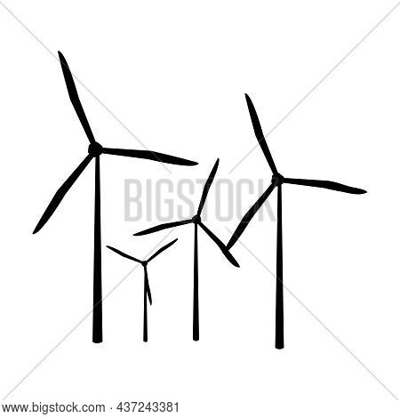 Wind Turbines Isolated On White Background. Windmill Group For Electric Power Production. Wind Power