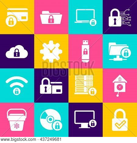 Set Lock And Check Mark, Retro Wall Watch, Ftp Folder Lock, Laptop, Time Management And Cloud Comput