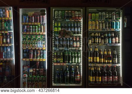 Belgrade, Serbia - March 11, 2017: Fridges Full Of Serbian Beer And Other Alcoholic Drinks In A Beve