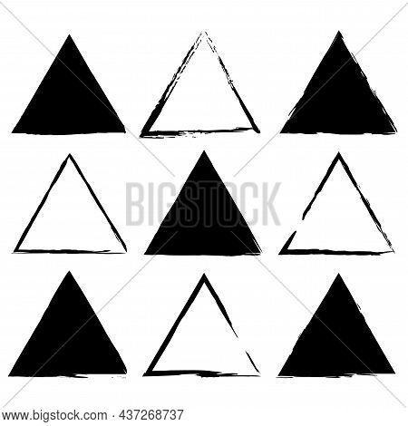 Grunge Triangle Set. Empty And Filled. Geometric Figure. Silhouette Sign. Abstract Art. Vector Illus