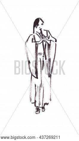 Girl Musician In Chinese Hanfu Playing Xiao Flute, Ink Drawing In Chinese Style