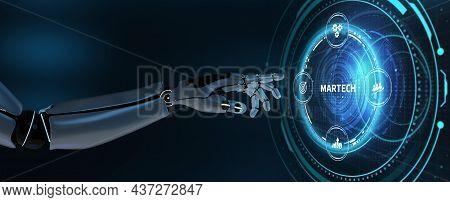 Martech Marketing Technology Concept On Virtual Screen Interface. Robot Pressing Button On Virtual S