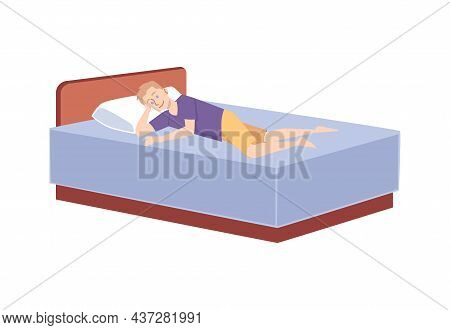 Man Resting In Bed During His Day-off, Flat Vector Illustration Isolated.
