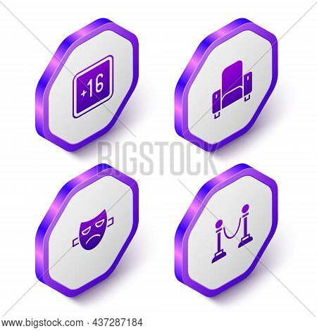 Set Isometric Plus 16 Movie, Cinema Chair, Drama Theatrical Mask And Rope Barrier Icon. Purple Hexag