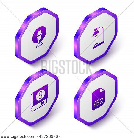 Set Isometric Microphone, Table Lamp, Financial Book And Fb2 File Icon. Purple Hexagon Button. Vecto