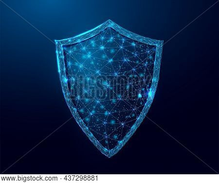 Guard Shield. Cyber Security Concept With Glowing Low Poly Shield On Dark Blue Background. Wireframe
