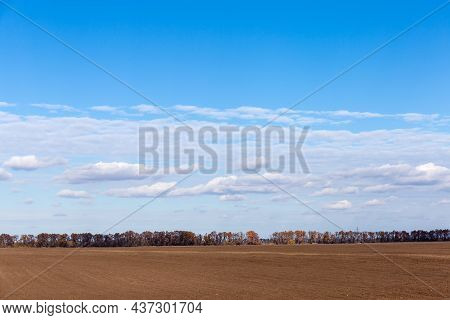 Plowed And Harrowed Flat Agricultural Field On A Background Of The Distan Forest And Partly Cloudy S