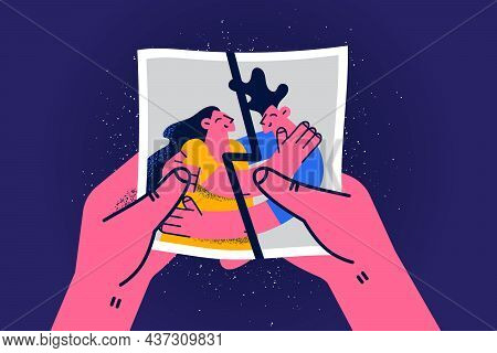 Breaking Up And Split Away Concept. Broken Photo Of Young Happy Couple Meaning Conflict Divorce And 