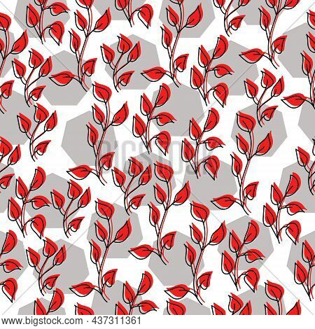Seamless Pattern Of Ornate Doodle Leaves In Red And Gray Heptagons On A Black Background Vector Illu