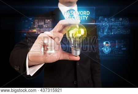 Businessman holding a light bulb, online security concept