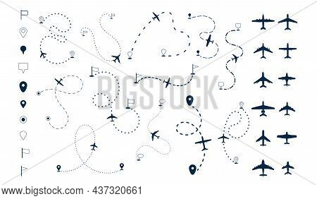 Aircraft Routes. Aviation Dotted Journey, Plane Flight Lines. Airplane Silhouettes, Line Paths And D