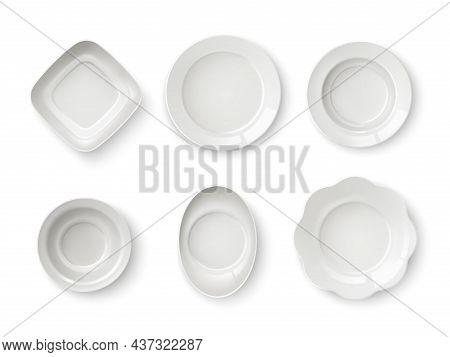 Realistic Plates Top View. Serving Ceramic Dinner Dishes. Empty Round Or Oval Saucers. Isolated Bowl