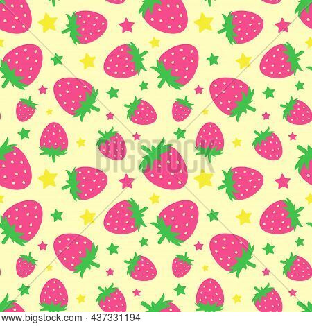 Seamless Pattern With Funny Cartoon Strawberries. Positive Summer Background In Pink Tones. Print Fo