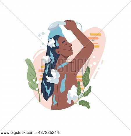 Woman Hair Washing With Water From Shower Head In Bath Room, Plants And Cream, Flat Cartoon. Vector 