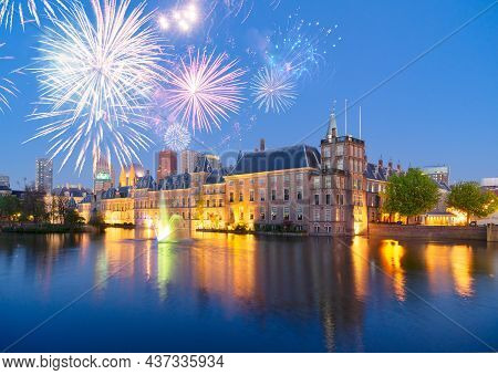 Binnenhof - Dutch Parliament With Old Town Of The Hague With Fireworks, Holland