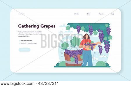 Wine Maker Web Banner Or Landing Page. Grape Wine In A Wood Barrel