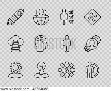 Set Line Human With Gear Inside, Time Management, User Of Business Suit, Head Lamp Bulb, Rocket Ship