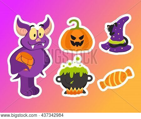 A Set Of Vector Stickers For Halloween With The Image Of A Kind Bat And A Witch Hat With A Black Cat