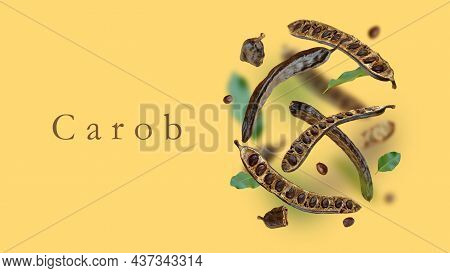 Creative Composition. Floating Organic Carob Pods, Seeds, Leafs On A Beige Food Background. Natural 