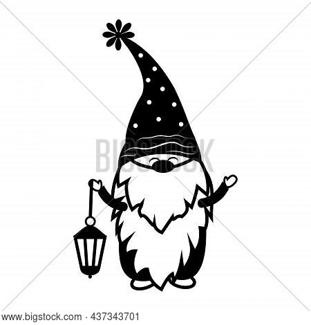 Gnome With A Lantern Black Stencil, Isolated Vector Illustration.