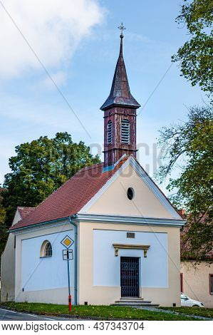 Bucovice, Czech Republic - October 16, 2021 Bucovice - Zarossky Chapel Renovated Chapel In Southern 