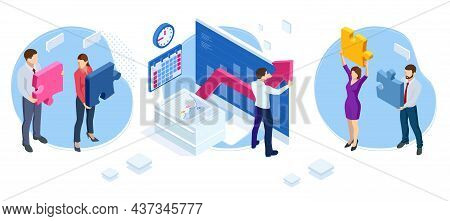 Isometric Strategic Business Planning Concept. Online Business, Partnership And Agreement Business M