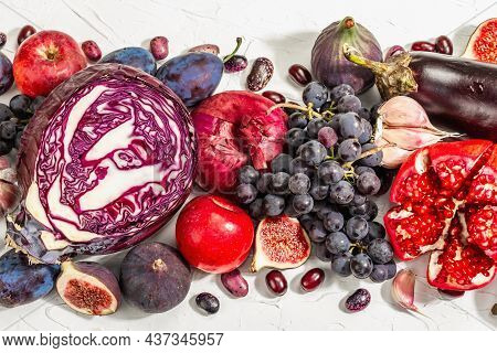 Blue, Red And Purple Food. Culinary Background Of Fruits And Vegetables