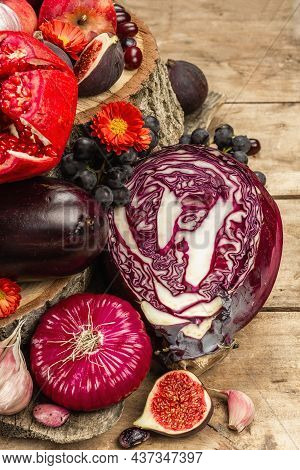 Blue, Red And Purple Food. Culinary Background Of Fruits And Vegetables