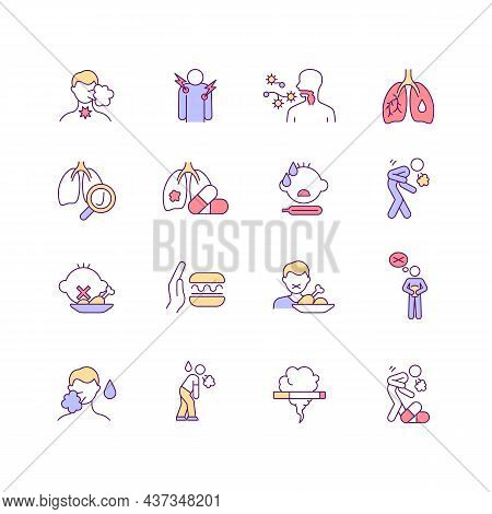 Lung Infection Symptoms Rgb Color Icons Set. Pulmonary Inflammation. Pneumonia Diagnosis. Tuberculos
