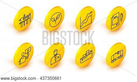 Set Line Oil Railway Cistern, Tanker Ship, Businessman Or Stock Market Trader, Nature Saving Protest