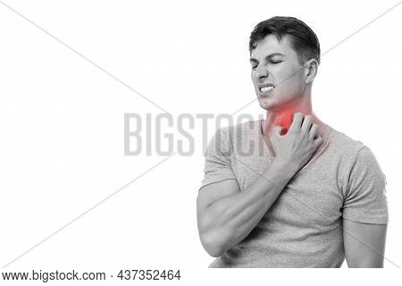 Sad Young European Man Scratching His Neck Suffering From Eczema, Highlighted