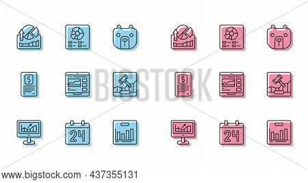 Set Line Computer With Growth Graph, Calendar, Stocks Market Graphs, Pie Chart Infographic, Trading 