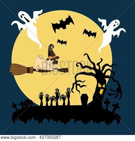 Halloween Illustration With Pug On Witch Broom In Snowglobe With Witch Hat