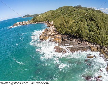 Aerial View With Waves, Rocks And Pine Trees