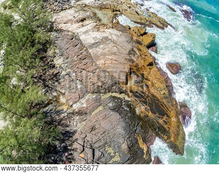 Aerial View With Waves, Rocks And Pine Trees, Praia Da Barra, Garopaba, Santa Catarina, Brazil