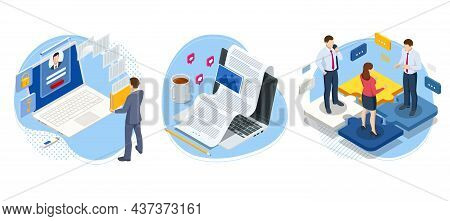 Isometric Man Analyzes The Database Of Employees Or Personnel. Protection Of Personal Data. Data Pro