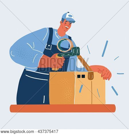 Vector Illustration Of Delivery Service. Postman Or Packer Packs The Goods