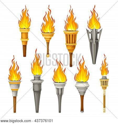 Torch With Brightly Burning Fire On Top As Ignited Light Source Vector Set