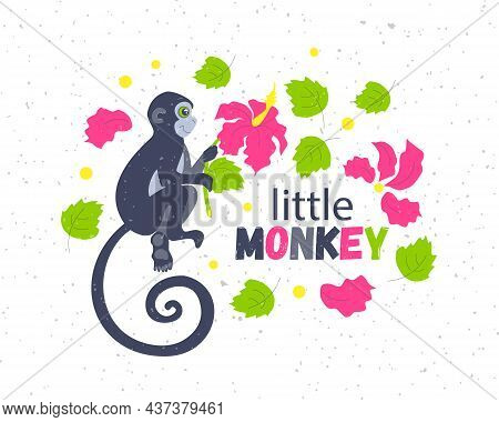 Monkey With Text, Flowers Vector Illustration Design For Kids Fashion Graphics, T Shirt Prints, Post